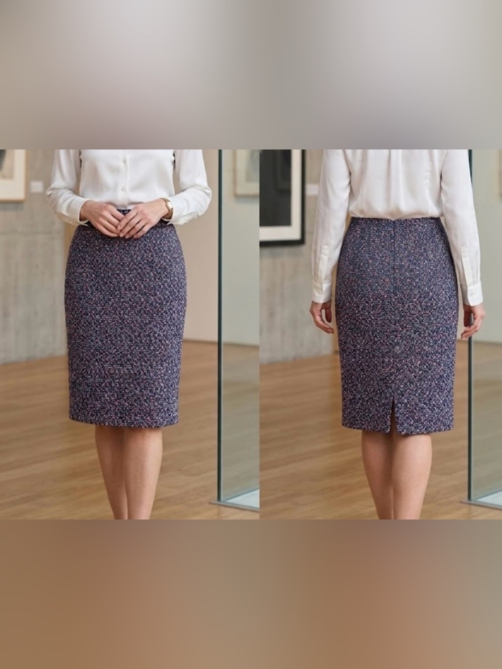 J. Crew Navy Tweed Pencil Skirt with Pink Flecks